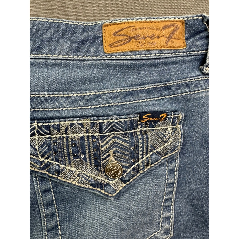 Seven7 Women Bootcut Jeans Medium Wash Rhinestone Flap Pocket Denim Blue size 14